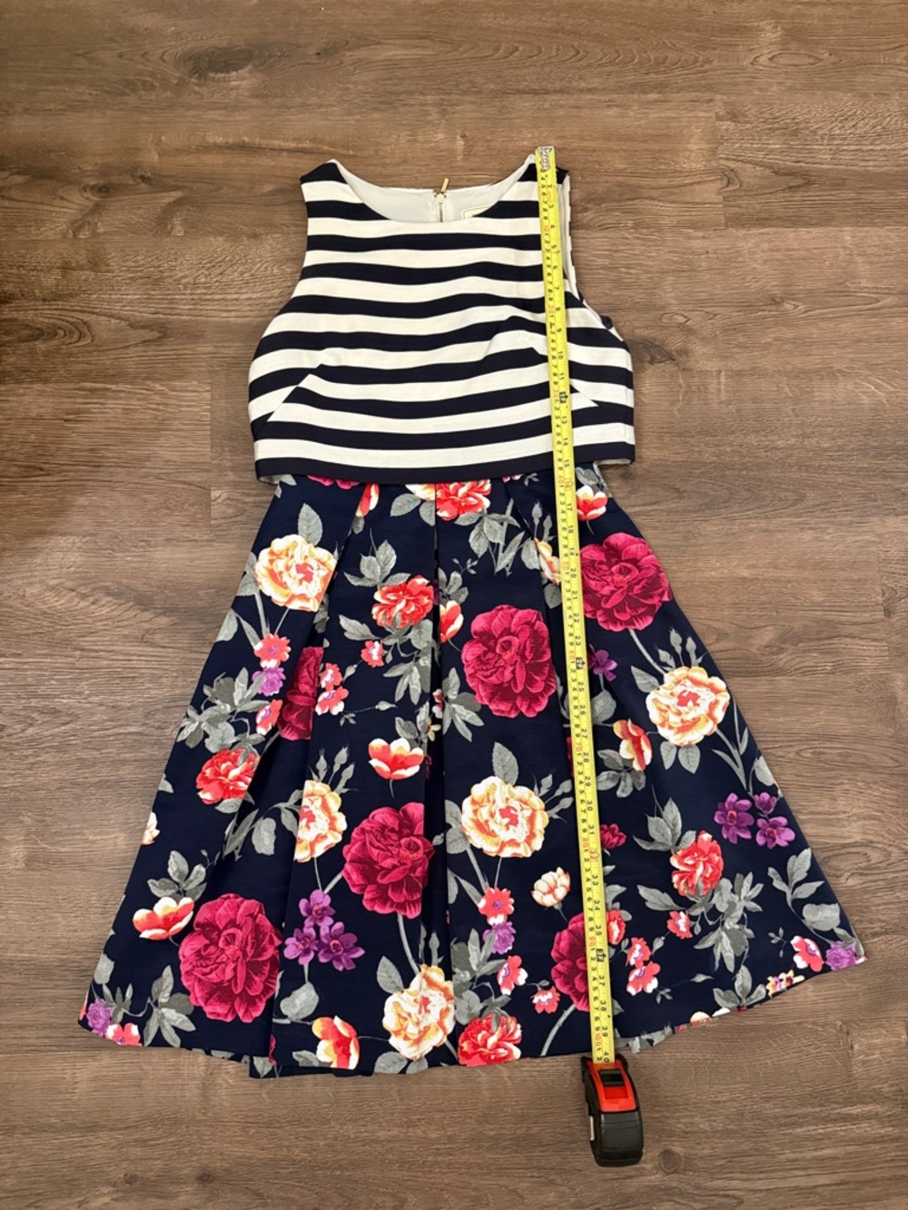 Moulinette Soeurs Navy Striped Bodice with Pink & Cream Floral Skirt Midi Dress